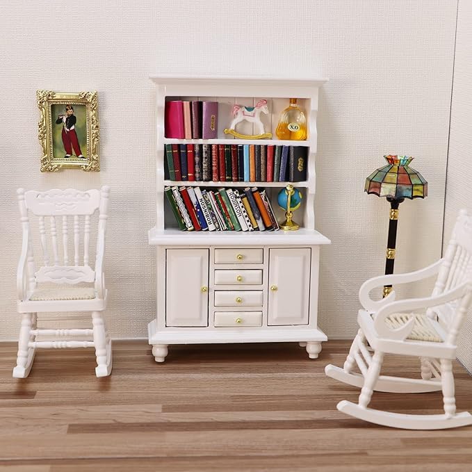 Dollhouse Miniature Rocking Chair 1:12 Scale Wooden Furniture Accessories Tiny Mini House Home Outdoor Cake Topper Decoration Model Living Room Scene Christmas Craft Displays (White)