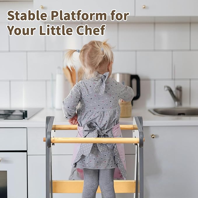 Foldable Toddler Tower Preassembled Kitchen Stool Helper, Folding Tower for Learning with 3 Adjustable Heights Montessori Toddler Standing Tower Kids Collapsible Wooden Step Stool, Light Gray
