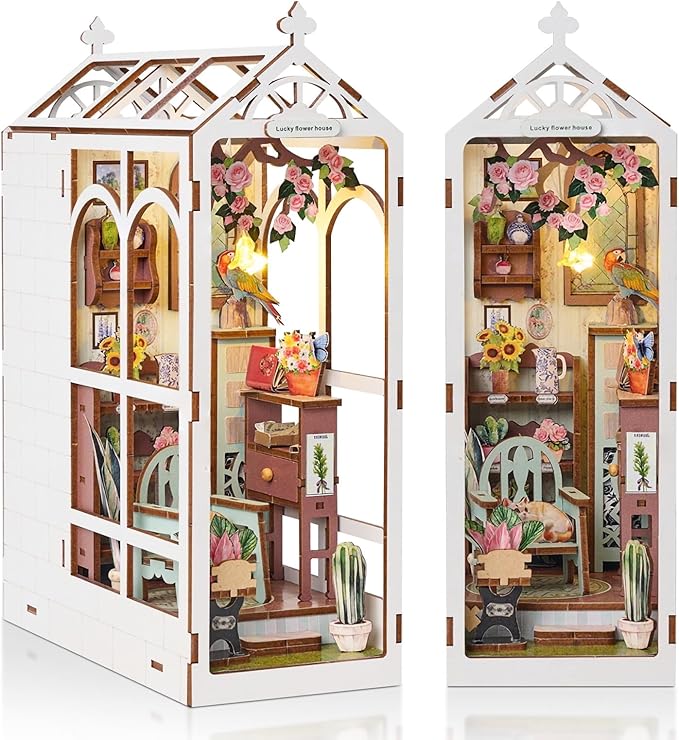 DIY Book Nook Kit, 3D DIY Miniature Dollhouse Kit, Wooden Booknook Bookshelf Insert Decor, Wood Dollhouse Bookend Model, Gift for Adults, Garden House
