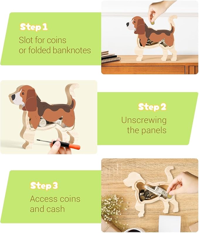 Wooden Beagle Dog Piggy Banks for Kids, Adorable Dog Piggy Bank with Acrylic Panels, Unbreakable Toddler Money Box for Boys Girls, Cute Saving Coin Jar for Birthday Décor