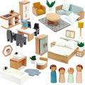 PairPear Wooden Toys Dollhouse Furniture Playset,35 Piece Furnitures with Family Dolls,Doll House Accessories Pretend Play Gift for Girls and Boys 3 Year and Up