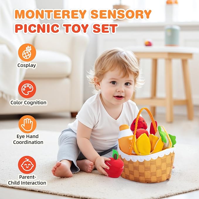 Jollybaby Soft Picnic Basket Cutting Play Food Toys for Baby 6-12-36 Months, Montessori Sensory Felt Fake Food Toy for Toddler 1-3, Birthday Gifts for 1 Year Old Boys and Girls