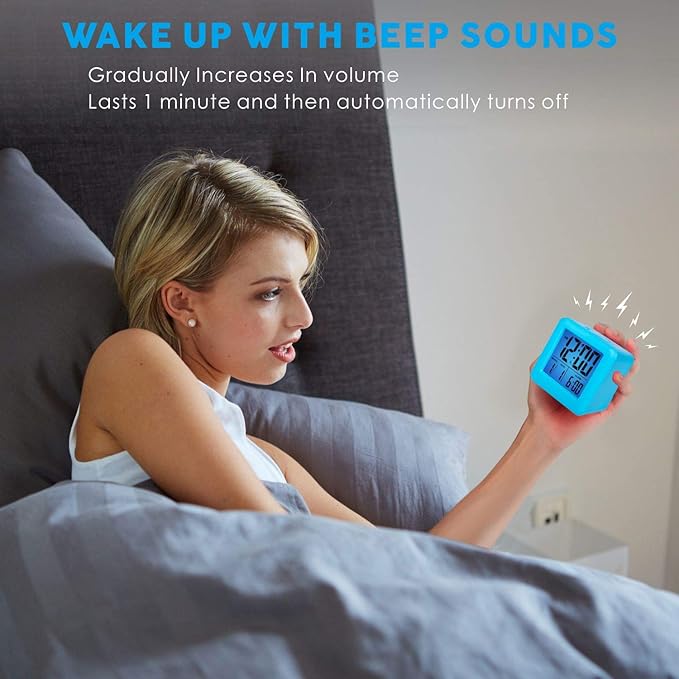 Plumeet Digital Alarm Clock Kids with Snooze and Nightlight - Easy Setting Silicone Clock Display Time, Date - Loud for Bedroom - Battery Powered (Blue)