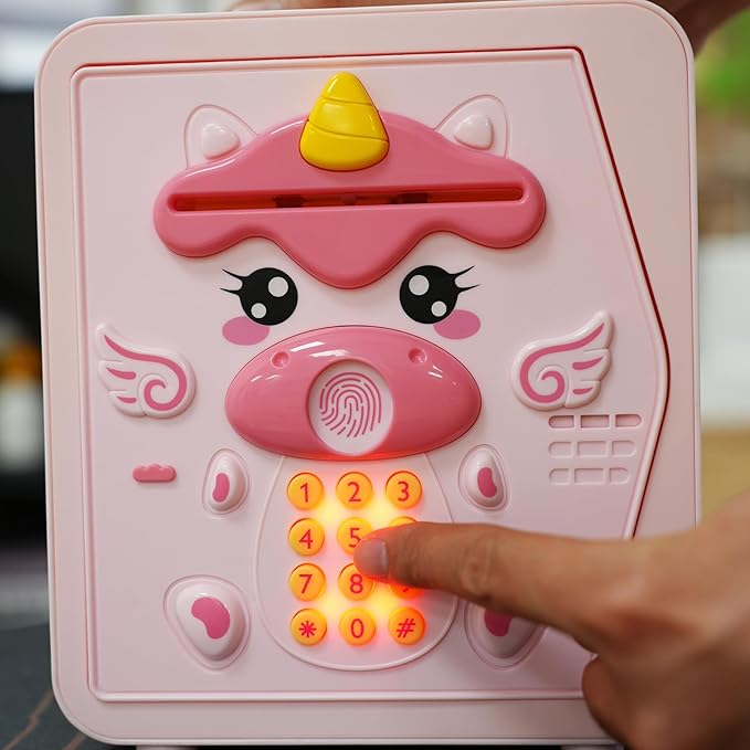 Piggy Bank for Kids - Electronic Money Saving Box w/Code Fingerprint - ATM Safe Toy - Coin Bank Girl Toys for Ages 3 4 5 6 7 8 9 10 Year Old - Birthday Xmas Ideal Gifts for Girls (Pink Unicorn)