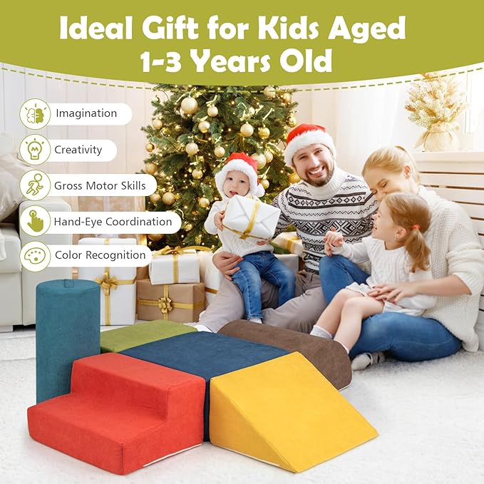 Costzon Toddler Climbing Toys Indoor, 6 Pieces Foam Climbing Blocks for Baby w/Skin-Friendly Chenille Fabric, 30D High-Density Foam & Carrying Handles, Soft Play Climbing for Toddler (Assorted)