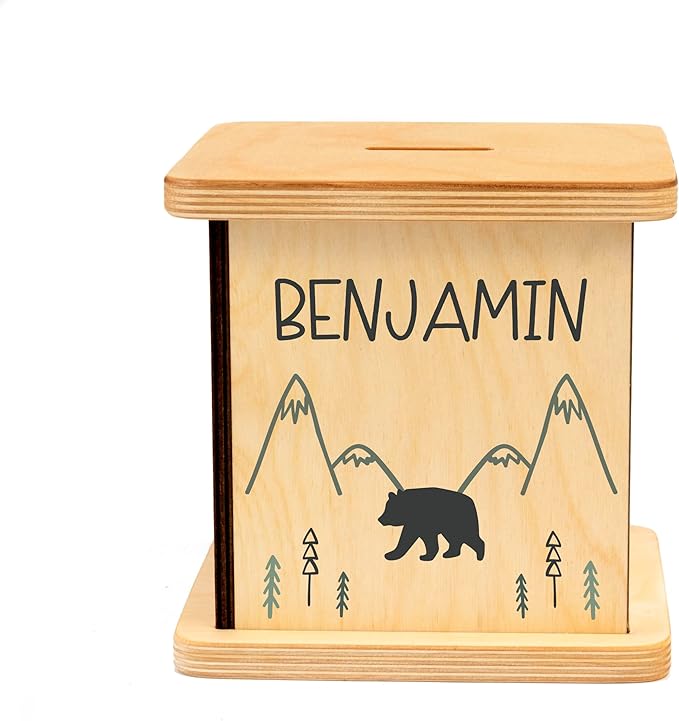 Wooden Piggy Bank for Kids and Adults, Personalized Gift Handmade in USA by BloomOwl, Custom Piggy Bank, Personalized Banks for Kids, Gifts for Baby Boys and Girls (Minimal Bear)