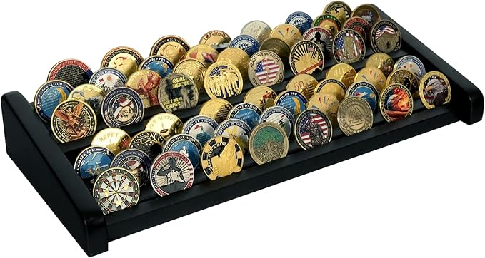Challenge Coin Display Holder, 8 Rows Solid Wood Military Coin Stand Holds 60-70 Coins, Army Coin Display Rack for Desk (Black Finish)