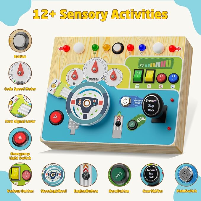 Busy Board With Led Light - Montessori Busy Board Wooden Sensory Toys for Toddlers 1 2 3 Years Old, Educational Baby Fidget Boards Toy, Creative Birthday Christmas Gifts for 1-3 2-3 3-4 Year Old Boys