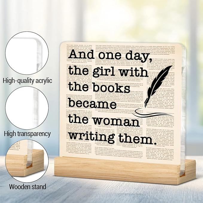 Writing Gifts for Women Girls, Funny Gifts for Writers Author Novelist Writing Lover, Retro Newspaper Acrylic Plaque Sign with Wooden Stand Home Office Decor