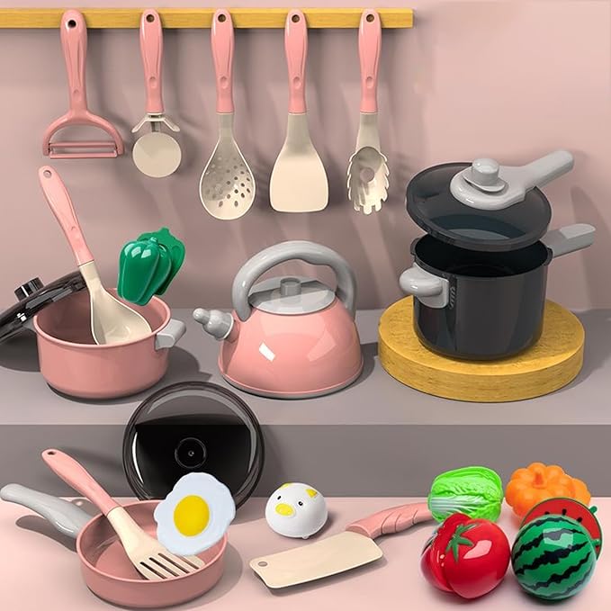 108Pcs Kids Kitchen Toy Accessories, Toddler Pretend BBQ Camping Cooking Playset, Utensils Cookware Toys, Play Food Set, Toy Vegetables, Learning Gift for Girls Boys