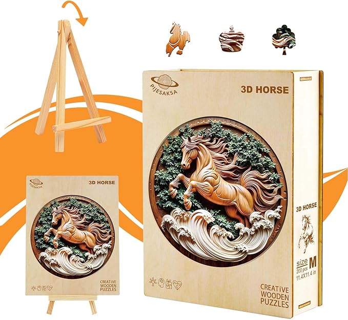 Wooden Puzzles for Adults - Flat Puzzle with 3D Visual Effect Horse Puzzle, Unique Shape Animal Wooden Puzzle, Unique Gift Ideas, Wood Puzzles Adult, Wall Art Puzzle Canvas (M-11.4*11.4in-200 Pieces)