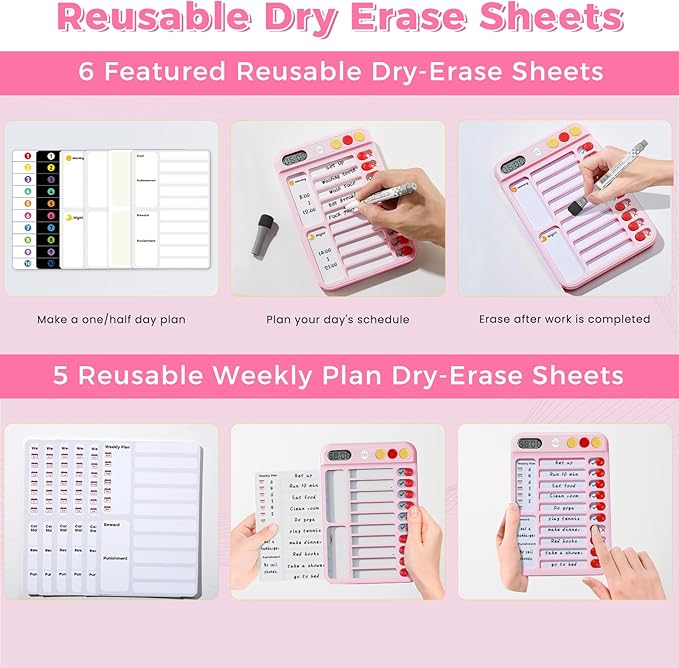 Magnetic Chore Chart for Kids with Time Timer, 99-Min Countdown/Up Visual Timer, Dry-Erase Reward Chart with Sliders, to Do List & Routine Checklist, Visual Schedule Board for ADHD & Autism (Pink)