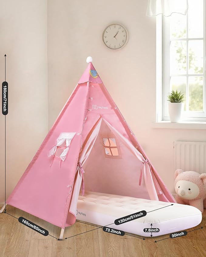 3 Pack Teepee Tent for Kids with Inflatable Airbed, Light, Toddler Tent Children Room Tents, Slumber Party Sleepover Tents, Indoor Outdoor Kids Playtent Playhouse for Girls & Boys