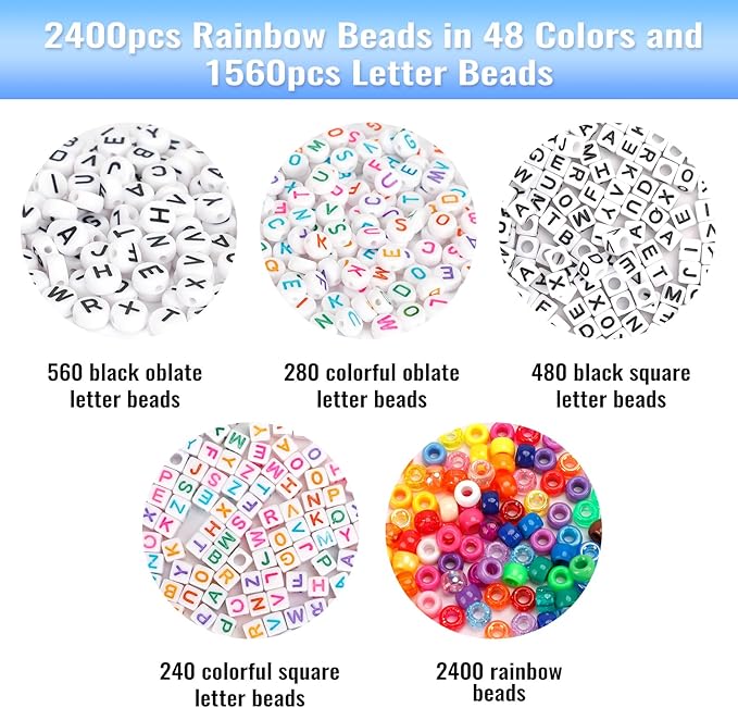 Quefe 3960pcs Pony Beads for Friendship Bracelet Making Kit 48 Colors Kandi Beads Set, 2400pcs Plastic Rainbow Bulk and 1560pcs Letter Beads with 20 Meter Elastic Threads for Craft Jewelry Necklace