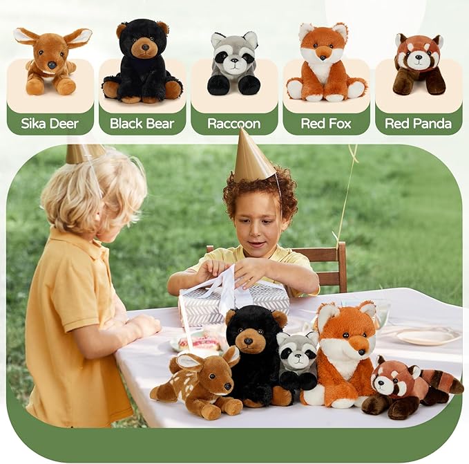 MaoGoLan 8 inch Woodland Stuffed Animals in Bulk for Kids - Bear Deer Fox Raccoon Red Panda Stuffed Plush Toys Set Baby Shower Party Favors Themed Party Decorations Christmas Easter Gifts