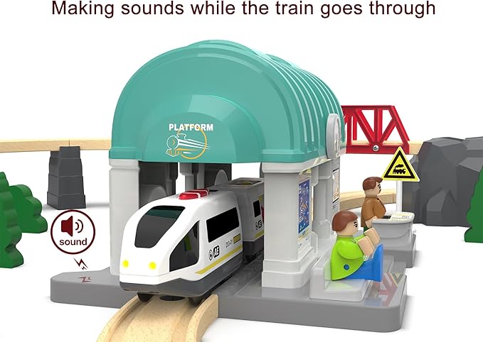 Train Station for Wooden Tracks, Train Accessories Tunnel with Sounds/Lights for Kids, Trains Toys for Motorized Cars for Railway System Compatible with Thomas & Friends, Brio, Chuggington