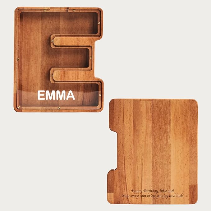 Personalized Wooden Piggy Bank – Custom Letter E Coin Bank in Beech Wood with Clear Acrylic Front, Engraved Name Option, Money Saving Box for Kids and Adults
