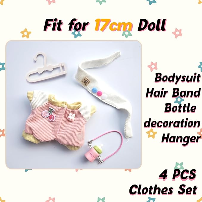 17cm Doll Clothes Set, Cute Girls Doll Outfits Set , 4 PCS Pink Jumpsuits Outfits Exquisite Accessories