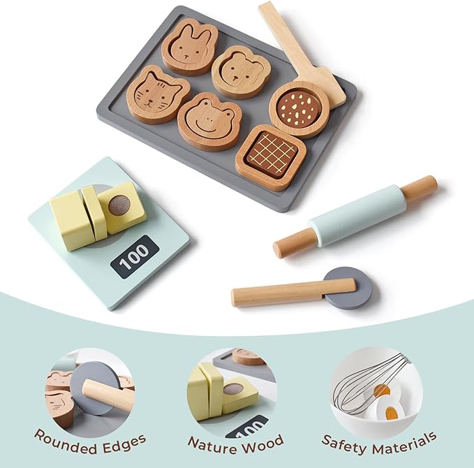 PairPear Wooden Cookie & Baking Play Food Set, Kids 28 Pieces Sliceable Cookies, Hand Mixer Toy Kitchen Accessories Playset, Montessori Pretend Kitchen Gift for Kids Ages 3+