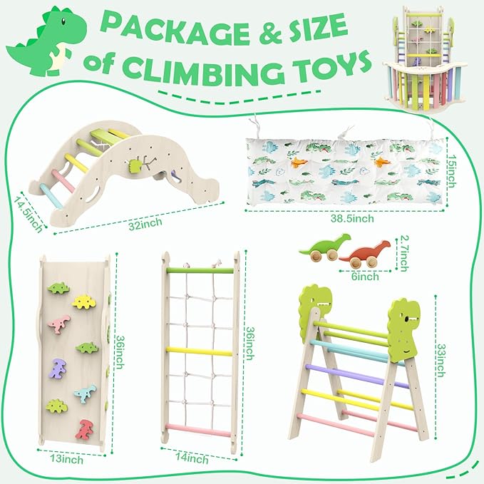 Pikler Triangle Set with Cushion, 12 in 1 Toddler Montessori Toys Indoor Baby Climbing Gym Pikler Triangle Climbing Set Wooden Toy Climbing Rope Ladder, Shape Sorter, Push Car 【Dinosaur Toys】