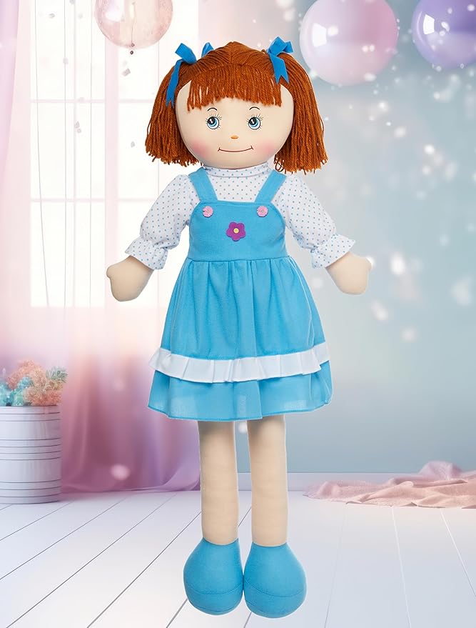 LOVE & HUG 36" Huggable Soft Doll with Blue Dress and Soft Yarn Hair