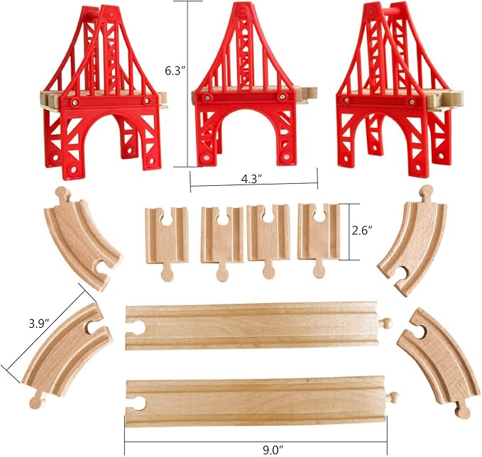 Wooden Train Bridges, 3 Suspension Bridge, Wooden Train Track Accessories, Wood Train Track, Train Tracks Compatible with All Major Brands, Wood Toys for Girls & Boys