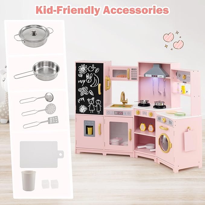 GLACER Corner Wooden Play Kitchen for Kids, Large Pretend Play Kitchen Playset with Sound, Light, Chalkboard, Microwave, Ice Maker, Washing Machine, Accessories, Toy Kitchen Set for Ages 3+ (Pink)