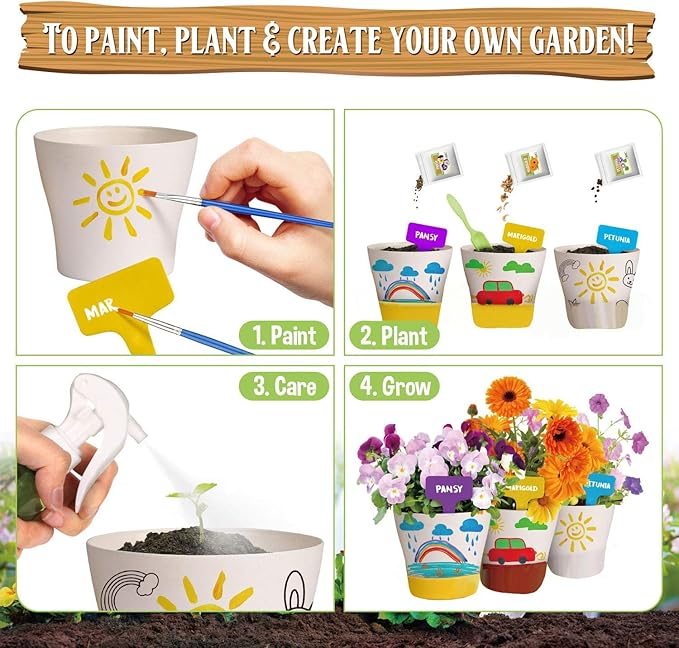 Doiaz Paint & Plant Flower Growing Gardening Kit with 3 Pots for Kidz - Halloween Gifts for Girlz & Boyz Agez 5, 6, 7, 8, 9, 10, 11 & 12 Yearz Old Girlz