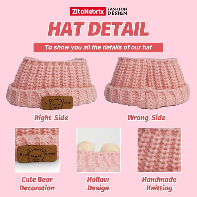 Cloth for 15cm ＆ 17cm Doll,5-Piece Handcrafted Crochet Clothes Outfit(NO Doll) - Light Pink Clothes + Light Pink Bear-Shaped Velvet hat + Glasses + Shoulder Bag + White Canvas Shoes