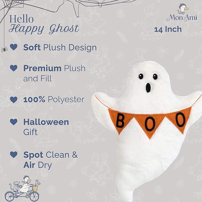 MON AMI Happy Ghost Plushie | 14 inches Premium Boo Ghost Toy | Soft Halloween Plush for All Ages | Cute Trick-or-Treat Gift & Halloween Decoration