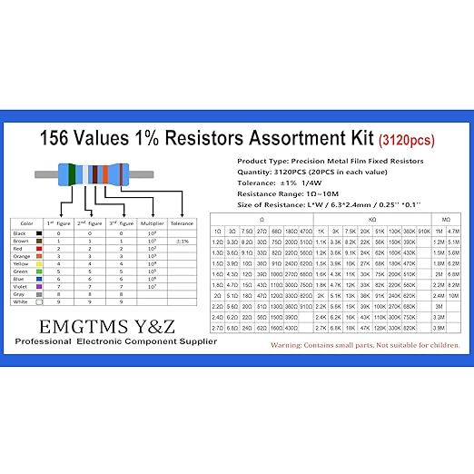 3120 Pcs 156 Values Metal Film Resistor Assortment Kit, 1/4W 1% Tolerance (1Ω-10MΩ), Professionally Organized with Labeled Bags & Durable Case | Ideal for DIY, Electronics, and Precision Circuits