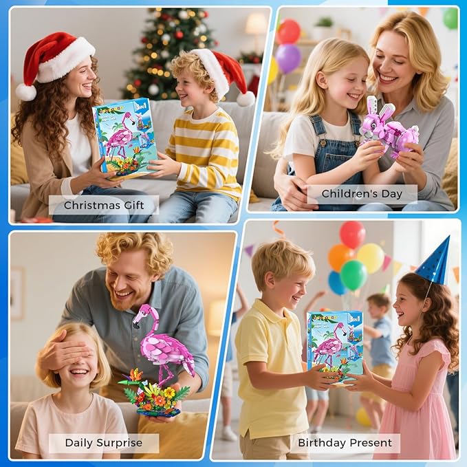 HOGOKIDS 3 in 1 Pink Flamingo Building Set with Flowers, Animal Figure with 3 Building Options - Flamingo, Bunny, or Dolphin, 558PCS Creative Easter Birthday Gift, Learning Toy for Kid Girl Boy Age 6+