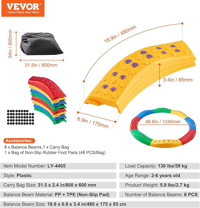 VEVOR Balance Beam Stepping Stones, 8 PCS Toddler Balance Boards Non-Slip Textured Surface & Rubber Pads, Montessori Toy for Kids 3-6, Build Coordination and Gross Motor Skills, Indoor or Outdoor Play
