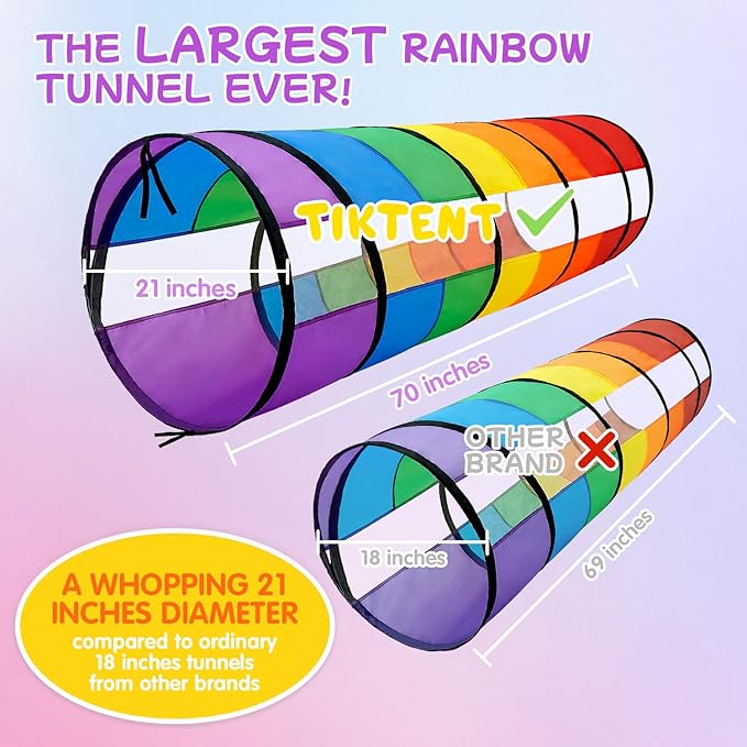 Kids Play Tunnel for Toddlers, Large 21" Colorful Rainbow Pop Up Crawl Through Tunnel Tent for Baby or Pet with Breathable Mesh, Indoor & Outdoor Kids Tunnel for Babies, Cat, Dog, Pets.