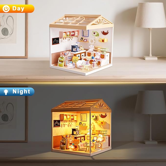 DIY Miniature House Kit Plastic House Building Toy Set with Roof & 2 Doors, Mini Dollhouse Kit with LED for Mini Figures Construction Toys Diorama Kit Gifts for Teens Adults (Happy Cat Pet)