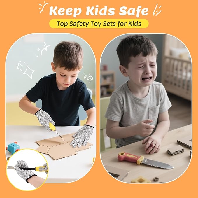 Cardboard Cutter Tools for Kids - 153 Pcs Kid Safe Cardboard Cutter with Saws, Fold-Roller, Gloves & More, STEM Educational Construction Toys Gift for 5 6 7 8 Year Old Boys Girls