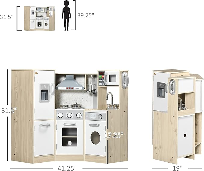 Qaba Ultra-Big Corner Kids Kitchen Playset with Sound Effects, Wooden Play Kitchen with Stainless Steel Cooking Toys, Imaginative Pretend Toy for Ages 3-6 with Phone, Ice Maker
