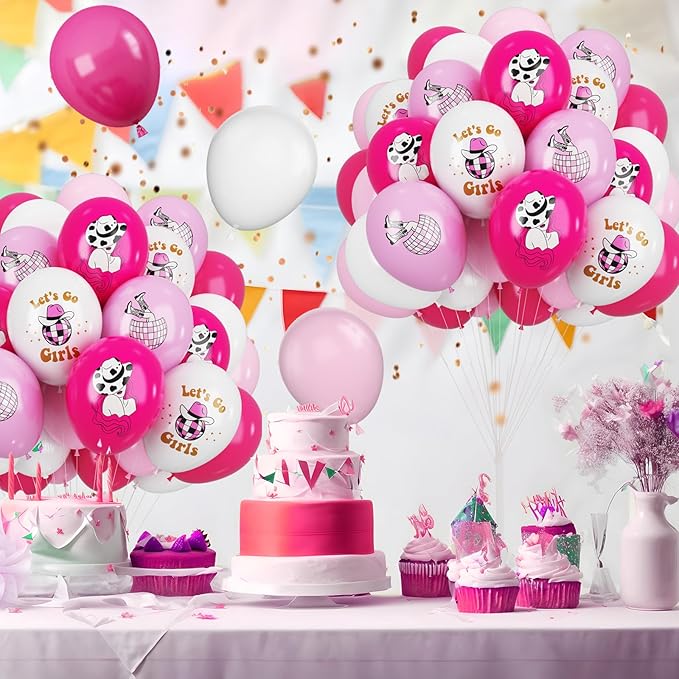 FEYG Cowgirl Balloons, 12 Inch Western Cowgirl Party Decorations Hot Pink Pastel Pink White Cow Party Balloons Cowgirl Print Balloons for Baby Shower Birthday Cowgirl Theme Party Supplies
