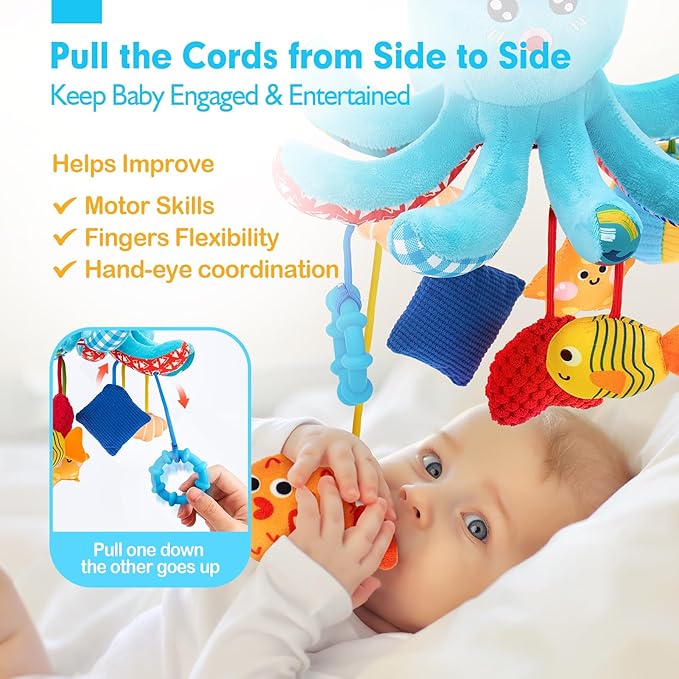 hahaland Baby Toys 0-6 Months - Car Seat Toys Octopus Toy with Pulling Cords, Squeaky, Crinkle, Rattle, Mirror, Montessori Newborn Sensory 4 Month Babies Gift Stroller Carseat Hanging Toy for Baby Gym