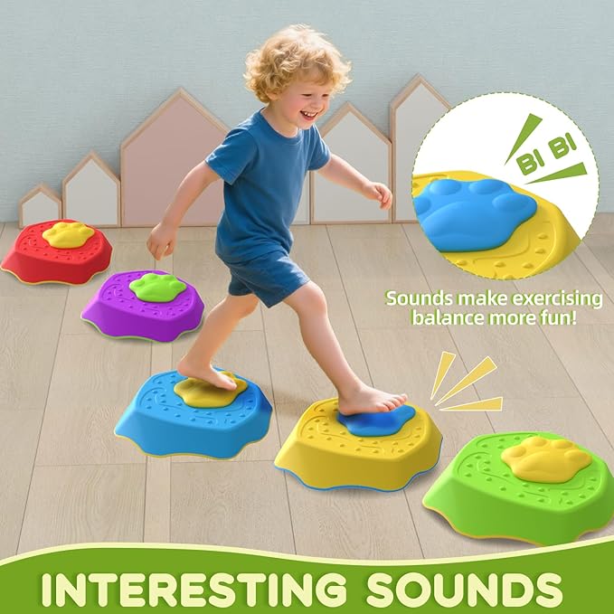 Sound Stepping Stones for Kids - 5 Pcs Non-Slip Indoor or Outdoor Balance Stones, Obstacle Course Coordination Game for Aged 3 4 5 6, Sensory Toys for Toddlers, Birthday Gifts