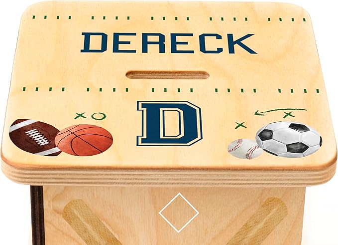 Wooden Piggy Bank for Kids and Adults, Personalized Gift Handmade in USA by BloomOwl, Custom Piggy Bank, Personalized Banks for Kids, Gifts for Baby Boys and Girls (Sports)