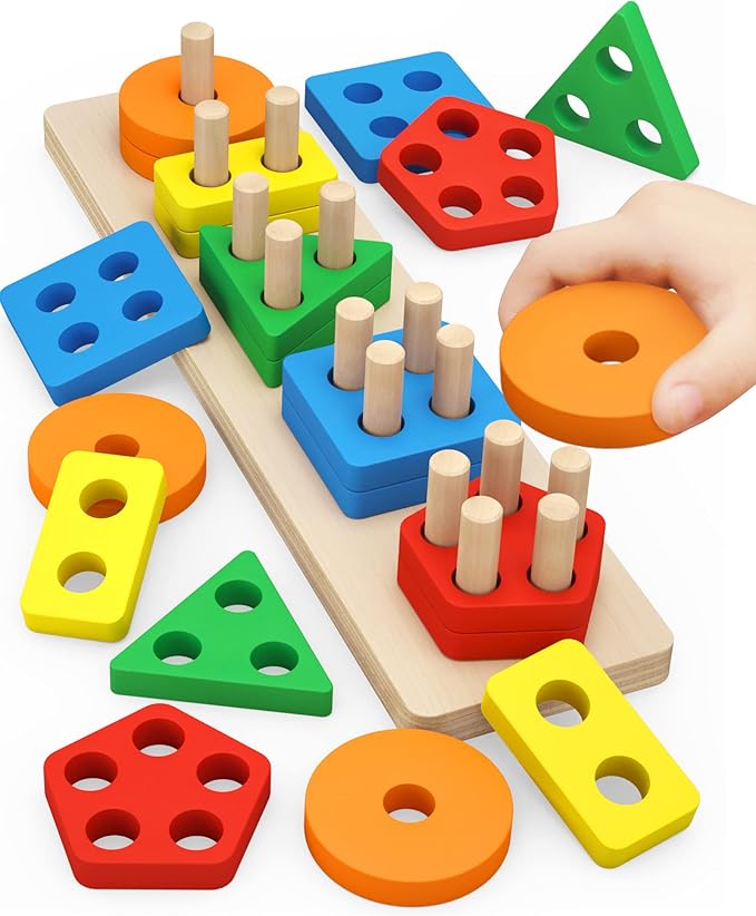 PEBIRA Montessori Toys for 1 to 3-Year-Old Boys Girls Toddlers, Wooden Sorting & Stacking Toys for Toddlers and Kids Preschool, Educational Color Recognition Shape Sorter, Learning Puzzles Gift
