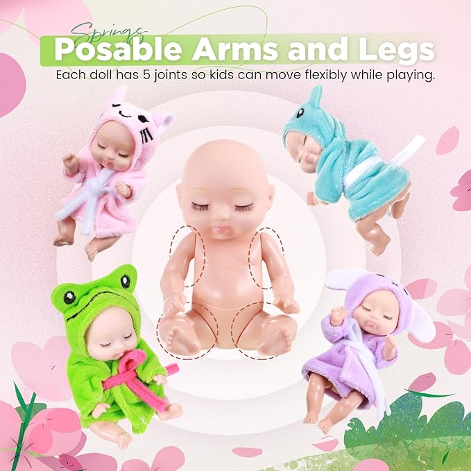Hanaive 4 Pcs 4 Inch Mini Baby Dolls Lifelike Realistic Baby Dolls Animal Clothes Cute Tiny Gifts for Kids Birthday Party(Robe Style)