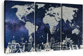 ElephantStock Starry World Map Multi Piece Canvas - 3 Panel Wall Decor - Map of the World Art - Canvas for the Office and Home - 57" X 36"