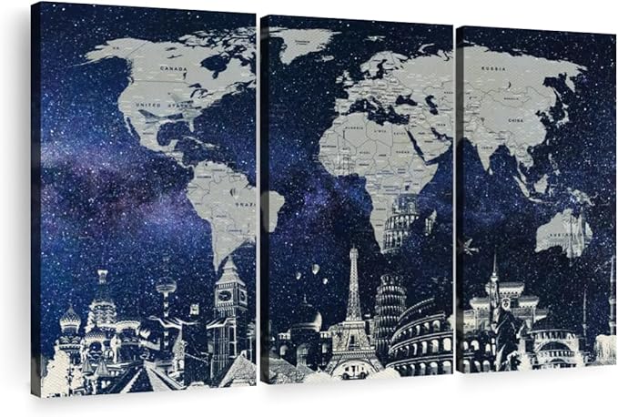 ElephantStock Starry World Map Multi Piece Canvas - 3 Panel Wall Decor - Map of the World Art - Canvas for the Office and Home - 33" X 20"