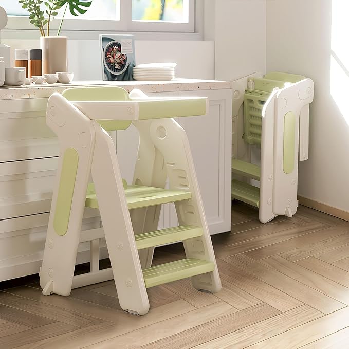 Toddler Tower Kitchen Stool Helper,Foldable/Adjustable Height Kids StandingTower Stool W/CPC Certification,for Kitchen Counter Bathroom Sink Cooking Child Ladder for Toddlers W/Safty Rail(Khaki Grey)