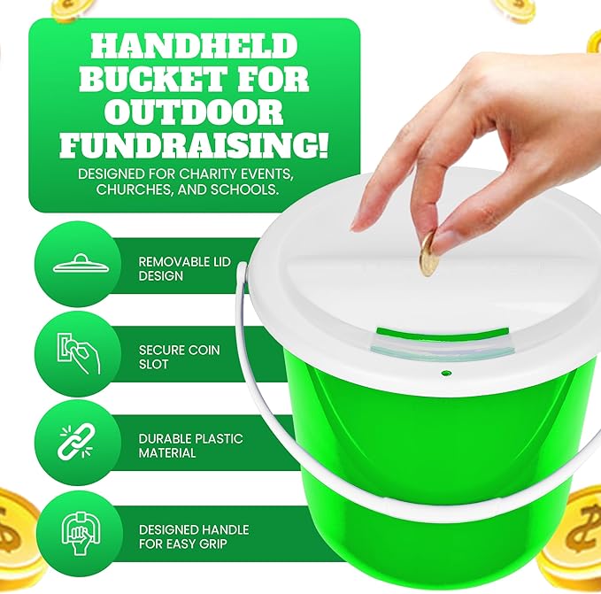 Plastic Coin Collection Bucket with Removable lid and Handle Charity Donation Collection Money Box Pail for Fundraising with top Slot for Tickets raffles and Money 7.5" Hx8.3 Diameter(Green) 4 Pack