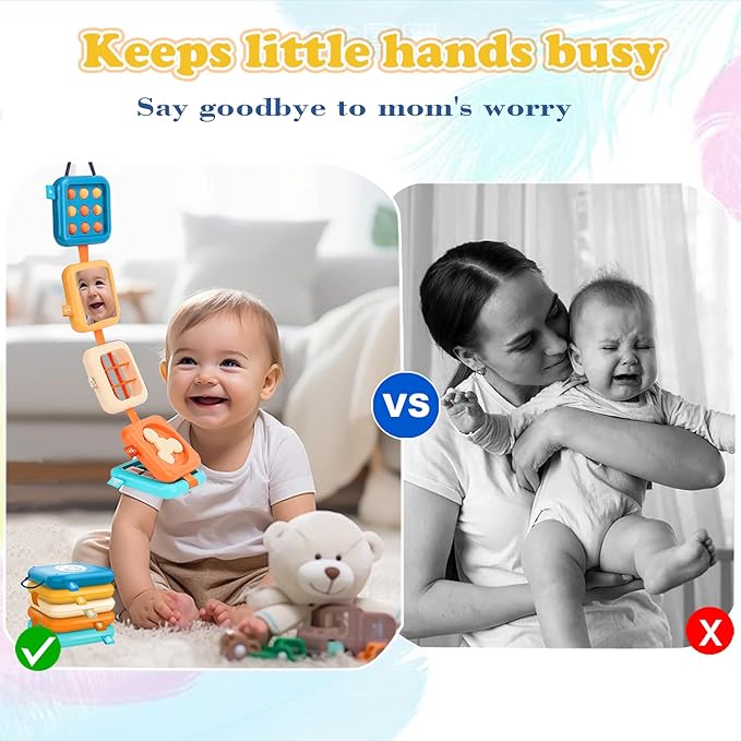 Montessori Busy Board for 1 Year Old, Baby Travel Toys for Toddler 1-3, Sensory Activity Cube with Fine Motor Skills, Birthday Toy Gifts for 1 Year Old Boys Girls