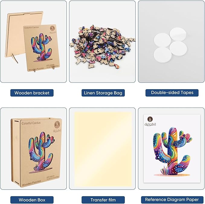 delobil Colorful Cactus Wooden Puzzles, 300 Pieces Jigsaw Puzzles 12.2'' x15.4'', Unique Design Liberty Wooden Puzzles for Adults and Kids, Family Game Gift Royal Size