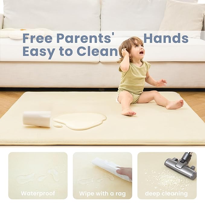 ACOMOPACK 1.3" Thick Baby Play Mat for Floor 50x50"-Memory Foam Water-Repellent Playpen Mat for Tummy Time,Non-Slip Soft Velvet Nursery Rug for Kids,Toddlers,Infants Crawling（Beige）